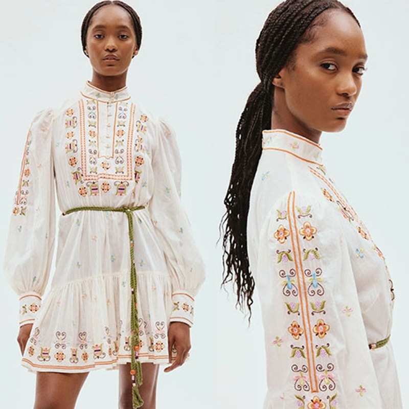 Nwt Alemais Lovella Embroidered Cotton Blouson Sleeves White Tie Mini Dress